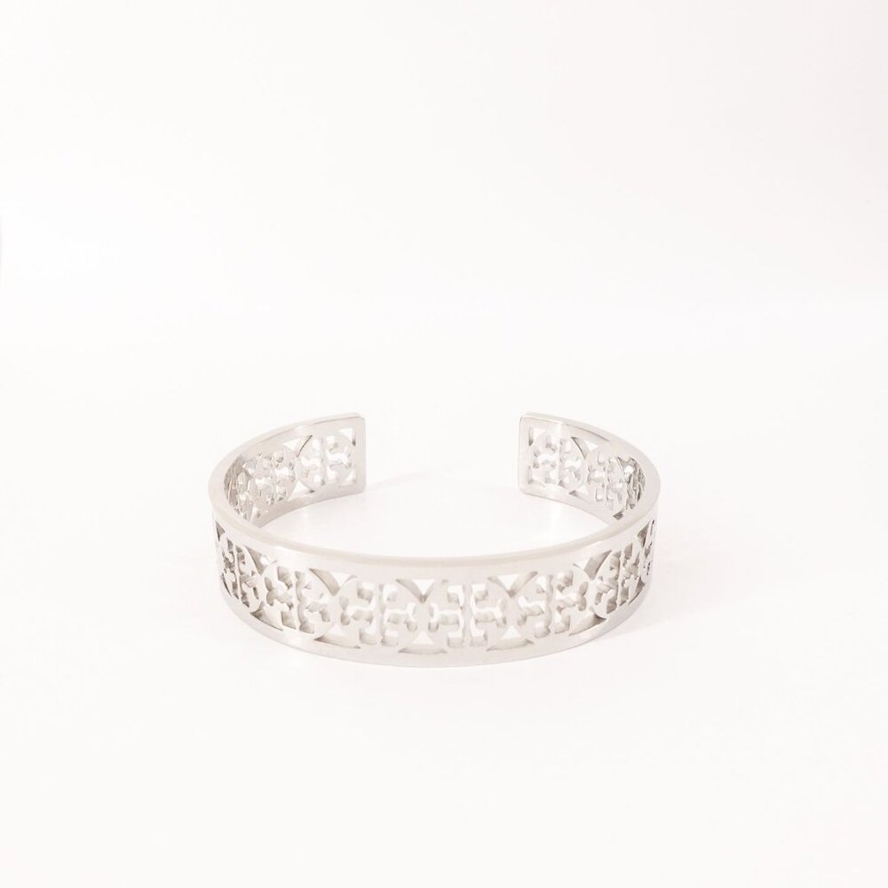 Tory Burch Silver Cutout Logo Open Cuff Bracelet